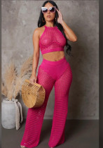 Women Sexy Women Hollow See-Through Top and Trousers Knitting Two-piece Set