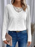 Women Autumn Solid Lace Patchwork Round Neck Long Sleeve T-shirt