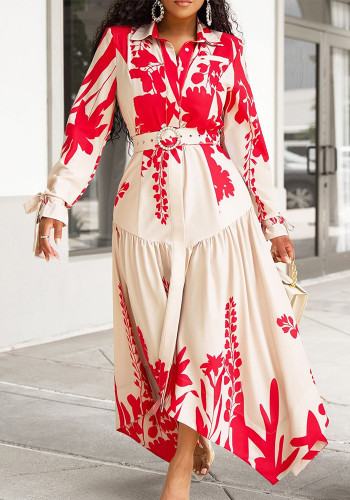 Plus Size African Women Summer Long Sleeve Print Turndown Collar Irregular Loose Dress