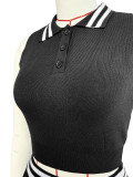 Women's Turndown Collar Button Sleeveless Tight Fitting Top Pleated Skirt Two Piece Set