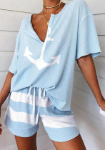 Women Contrast Blue Striped Loungewear Two-piece Set