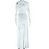 Women's Solid Color Sexy Off Shoulder Slim Top Pleated Skirt Trendy Two Piece Set
