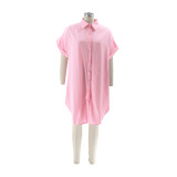 Summer Turndown Collar Solid Color Short Sleeve Single-Breasted Casual Shirt Dress