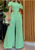 Women Summer Ripped Button Zipper Hollow Solid Top and loose wide-leg pants two-piece set