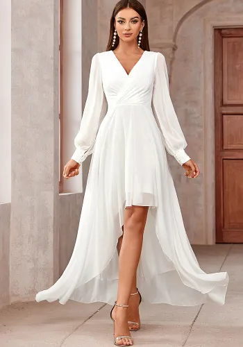 Women Solid V-neck irregular hem long-sleeved dress