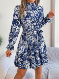 Autumn Winter Elegant Stand Collar Flower Slim Waist Long Sleeve Ruffle Women's A-Line Dress