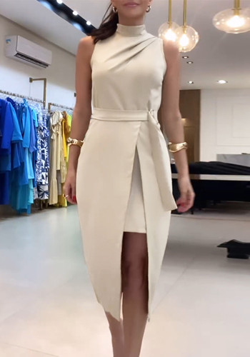 Women Sleeveless Stand Collar Fake Two-piece Lace-Up Slit Dress