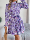 Autumn Winter Elegant Stand Collar Flower Slim Waist Long Sleeve Ruffle Women's A-Line Dress