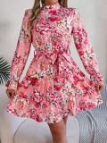 Autumn Winter Elegant Stand Collar Flower Slim Waist Long Sleeve Ruffle Women's A-Line Dress