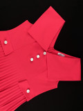 Spring Summer Chic Turndown Collar V-Neck Red Pleated Elegant Dress