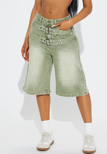 Summer Street Fashion Double Belt Gradient Loose Straight Knee-Length Denim Shorts