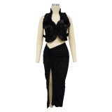 Fashionable Women's Solid Color Sleeveless Ruffled Halter Top Slit Pleated Skirt Two Piece Set