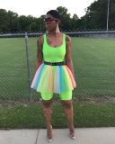 Women Summer Suspender Mesh Belt Fluorescent Sexy Jumpsuit