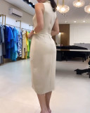 Women Sleeveless Stand Collar Fake Two-piece Lace-Up Slit Dress