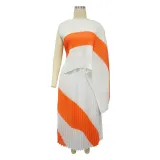 Women's Contrast Color Pleated Fashion Casual Two Piece Skirt Set