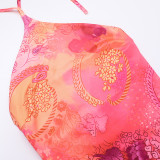 Women Summer Backless Suspender Halter Neck Print Slit Sundress