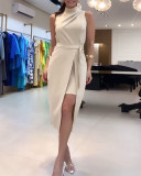 Women Sleeveless Stand Collar Fake Two-piece Lace-Up Slit Dress