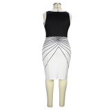 Women elegant round neck sleeveless line print asymmetrical dress