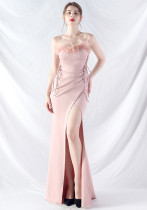 Feather Strap Slim Waist Solid Color Slit Evening Dress