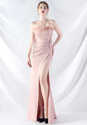 Feather Strap Slim Waist Solid Color Slit Evening Dress