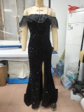 Women Solid Off Shoulder Bodycon Slit Backless Sequin Formal Party Evening Dress