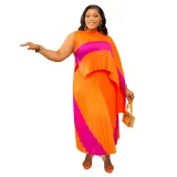 Women's Contrast Color Pleated Fashion Casual Two Piece Skirt Set