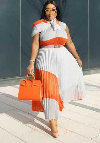 Women's Contrast Color Pleated Fashion Casual Two Piece Skirt Set