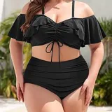Plus Size Women Sexy Bikini Ruffle Sleeve Swimwear