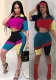 Fashion Contrast Color Casual Short Sleeve Knee-Length Two Piece Shorts Set