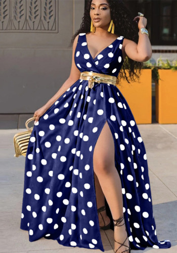 Women's Spring Summer Fashion Blue White Polka Dot V-Neck Slit Plus Size Maxi Dress