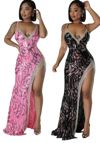 Sexy Strap V-Neck Sequin High Slit Irregular Women Fashion Beaded Evening Dress