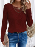 Women Autumn Solid Lace Patchwork Round Neck Long Sleeve T-shirt