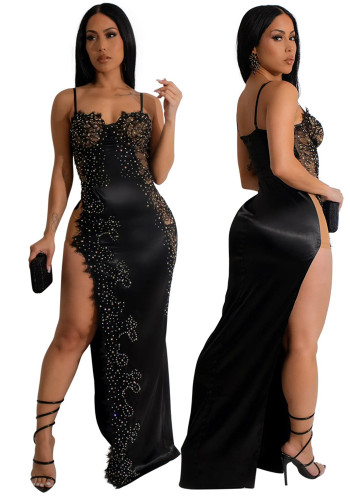 Sexy Solid Color Beaded Strap Irregular Party Dress Women Slit Long Gown
