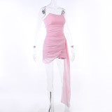 Women sexy Strapless Mesh ribbon party solid dress