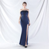 Feather Strapless Herringbone Slim Waist Solid Color Slit Evening Dress