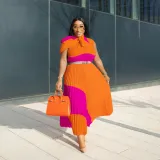 Women's Contrast Color Pleated Fashion Casual Two Piece Skirt Set