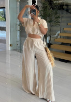 Women's Summer Sweet Chic Striped Short Sleeve Shirt High Waist Drawstring Wide Leg Pants Two-Piece Set