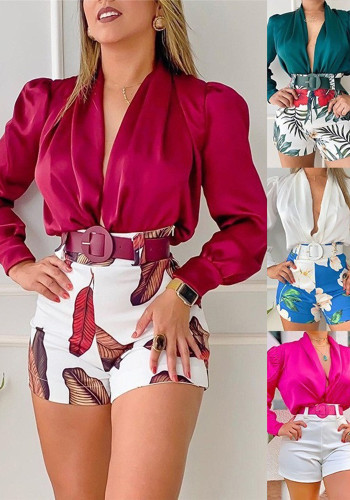 Spring Women's Casual Suit V-Neck Long Sleeve Solid Color Shirt Top Printed Shorts Two-Piece Set