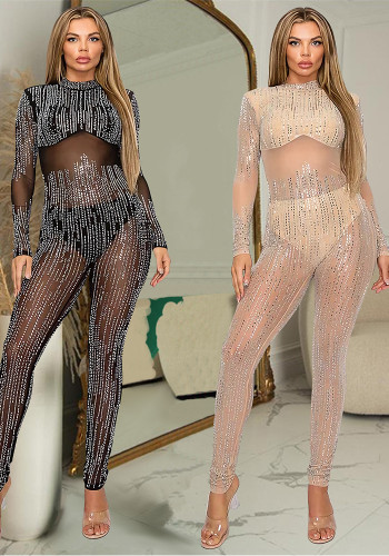 Fashion Sexy Beaded See-Through Mesh Party Jumpsuit