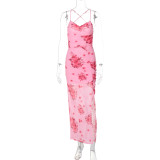 Women Mesh Double-layer Slit Suspender Backless Flower Print Summer Dress