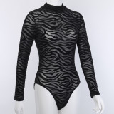 Women irregular stripes sexy see-through long sleeve casual basic bodysuit