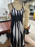 Summer Women suspender color block print Strap Dress