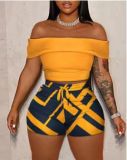Women Off Shoulder Printed Backless Wrap-Body Sleeveless T-Shirt And Shorts Two-Piece Set