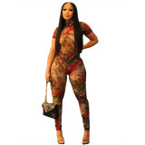 Summer Women sexy backless print see-through mesh jumpsuit
