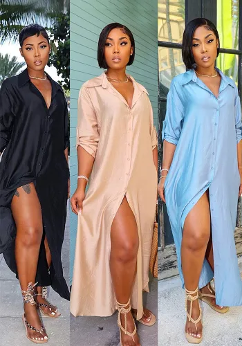 Women Shiny Satin Loose Casual Shirt Dress