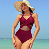 Women Solid Mesh Bikini One-Piece swimwear