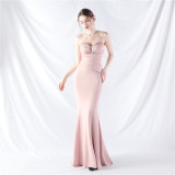 Women Satin Beaded Evening Dress