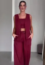 Women Summer Solid Career Vest and Pants Three-Piece Set