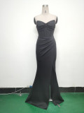 Women Fishbone Vest Off Shoulder Evening Dress