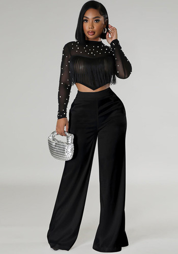 Women summer solid round neck polka dot mesh crop top and trousers two-piece suit